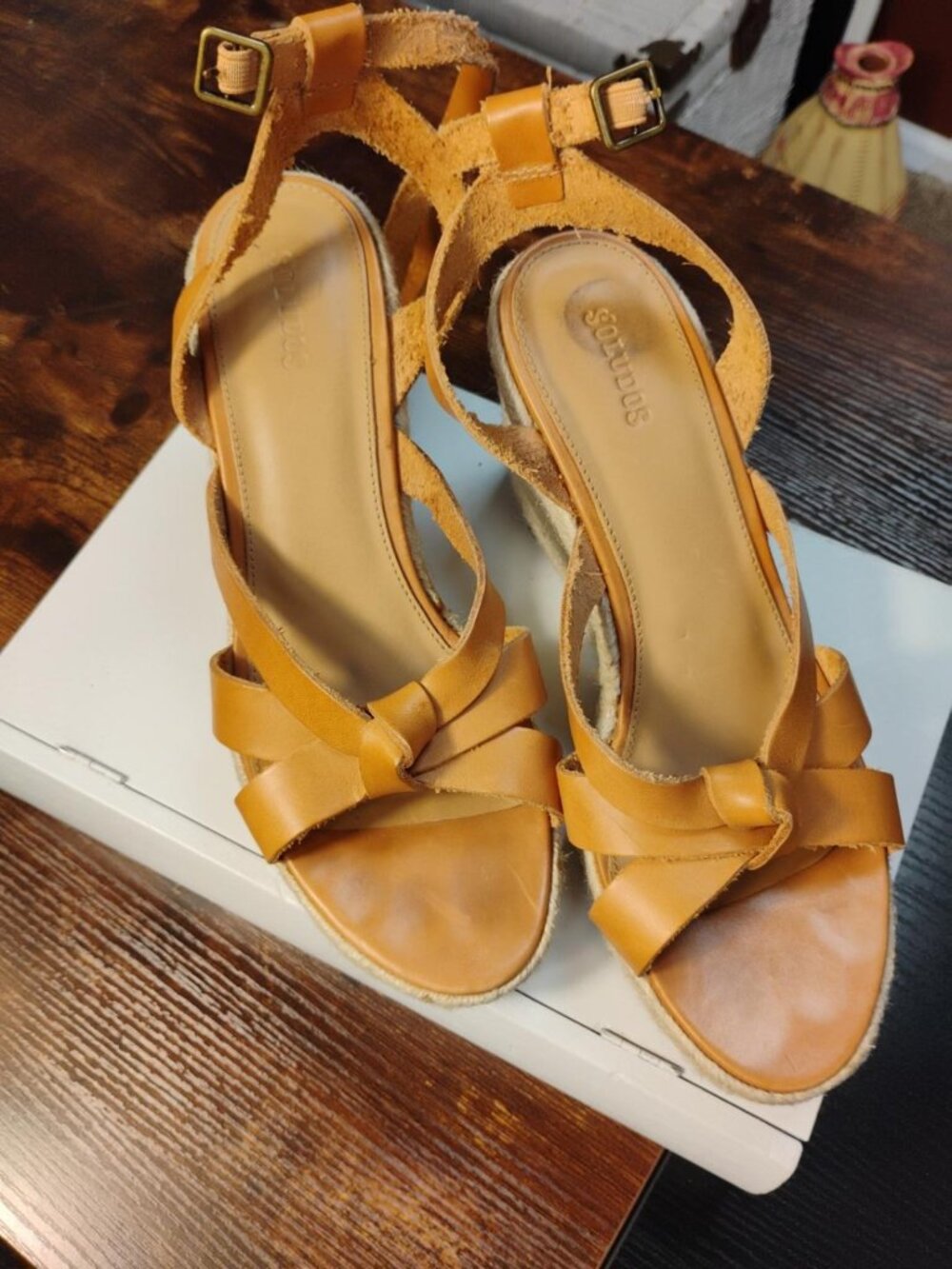 Soludos Tan Leather Espadrille Wedge Sandals Ankle Strap Est. 8.5